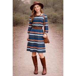 Francesca Bettini Striped Shift Dress Blue Brown Size Large Boho Chic Bohemian